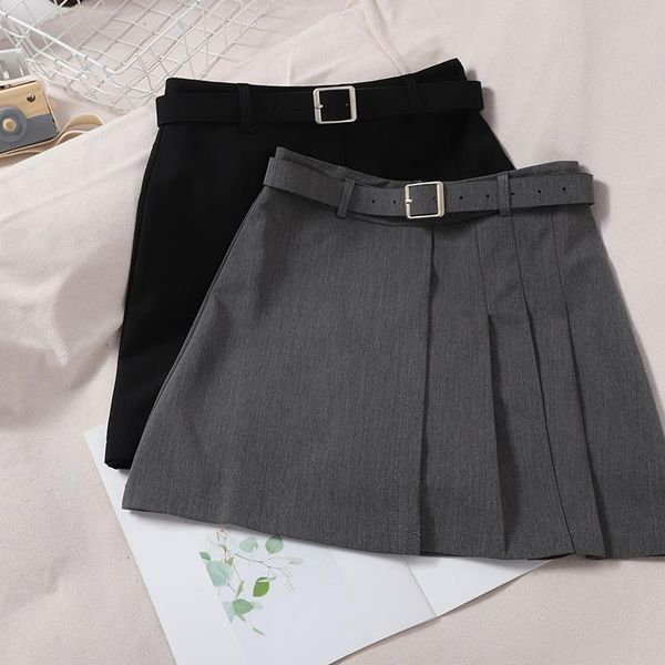 

skirts korean pure color skirt for women's slim high waist anti light bag hip fashion pleated with belt, Black
