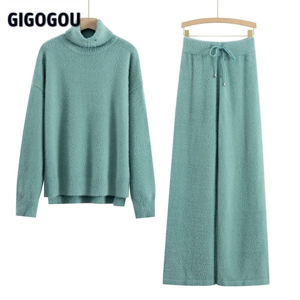 

gigogou luxury cashmere minsk women wide leg pant suits thick warm women turtleneck sweater tracksuits 2/two piece sets clothing 211126, White