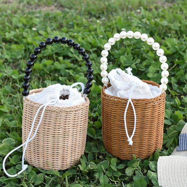 

storage baskets portable round rattan woven bag with pearl handle basket picnic