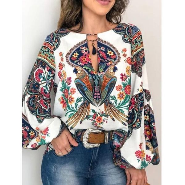 

2021 spring/summer personalized print round neck lantern sleeve shirt om8915, White