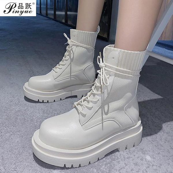 

boots leather ankle woman lace up shoes fashion knitted elastic round toe short platform square heels women, Black