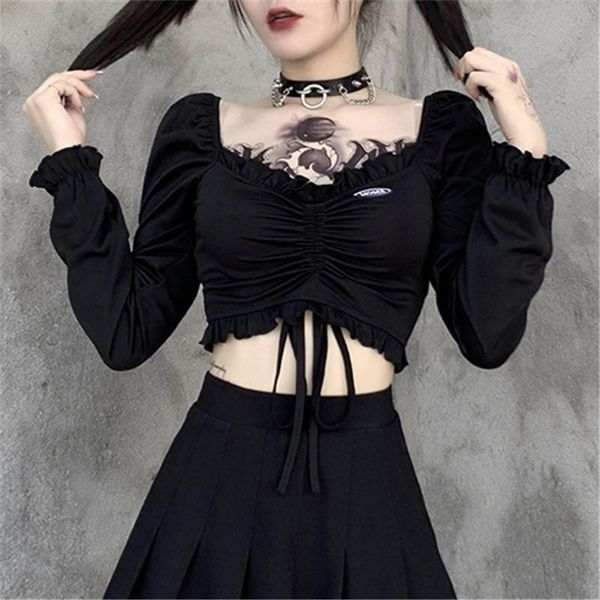 

women's t-shirt nclagen ruched ruffles long sleeve drawstring bandage gothic crop women autumn t shirt punk letter harajuku tee, White