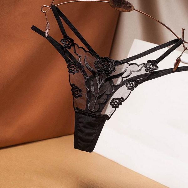 

women's panties lace floral thong ladies embroidered mesh yarn perspective young women underwear t pants g-string thongs, Black;pink