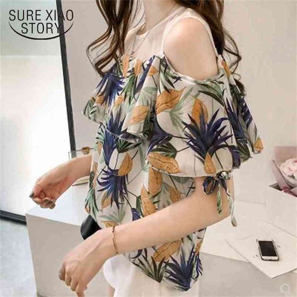 

summer short sleeve ruffles off shoulder blouses woman plus size women o-neck print chiffon 4868 50 210506, White