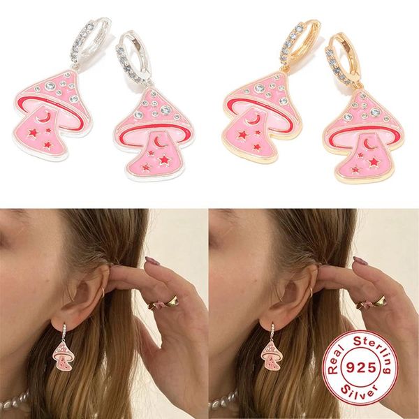 

hoop & huggie koj exquisite pink mushroom pendants earring pendientes plata 925 sterling silver hoops earrings for women jewelry gifts, Golden;silver