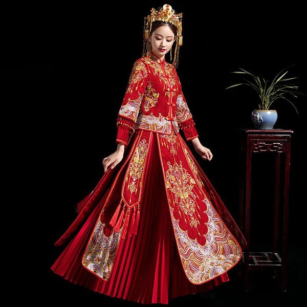 

retro bride wedding dress dragon and phoenix gown spring xiuhe clothing chinese toast ethnic, Red