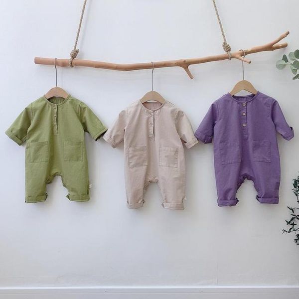 

baby autumn clothing solid boy girls romper long sleeve buttons infant jumpsuit born clothes 0-24m pocket sets, White