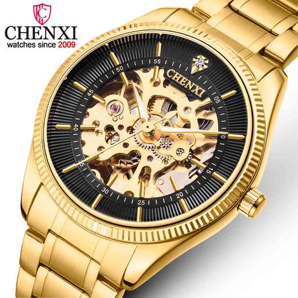 Chenxi Luxus Schwarz Skeleton Armbanduhren Männer Uhr Antike Steampunk Mechanische Uhren Männlich Gold Edelstahl Band Uhr Q0524