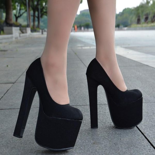 

dress shoes 17 cm black super high heels ladies party square heel pumps round head single waterproof platform women's