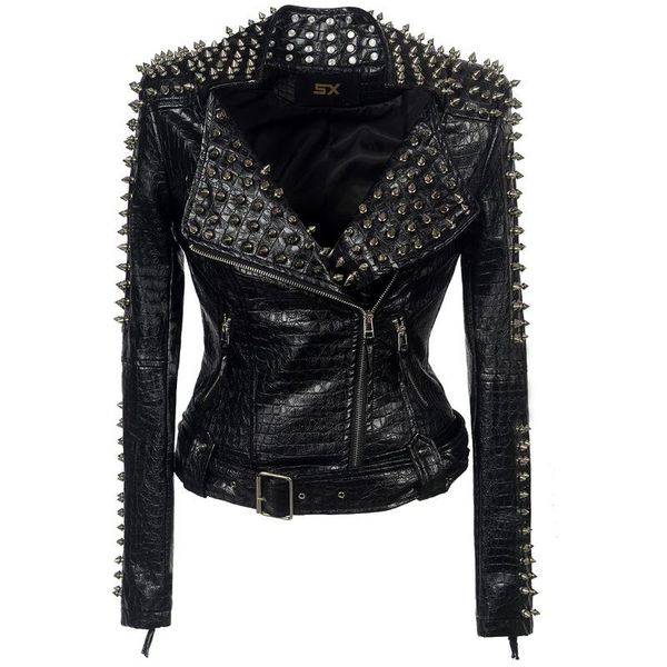 

women's leather & faux style in europe and the large size rivet splicing locomotive women long sleeve short coat of punk rock, Black