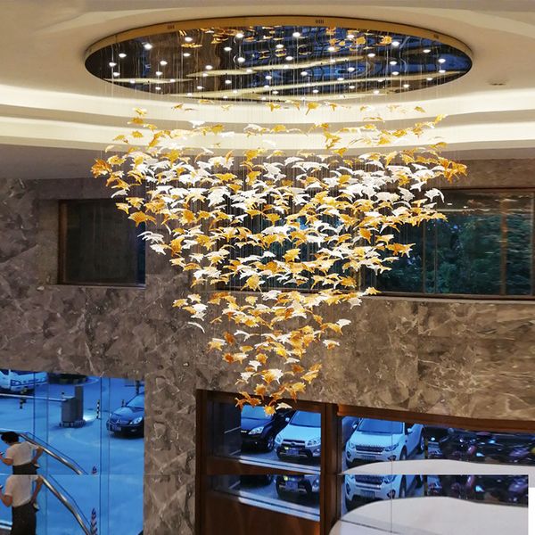 Grande escala Crystal Chandelier Hotel Chandelier Villa Vendas Lobby Cristal Arte Maple Folha Decorativa Luminária Personalização