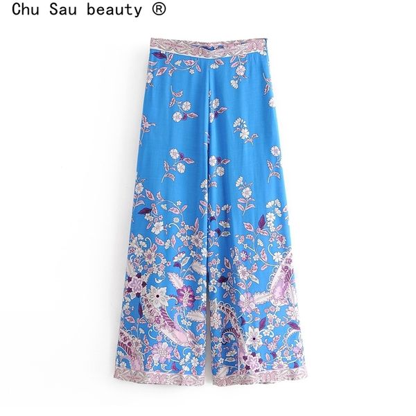

summer women's boho style high waist side zipper flower positioning printing wide leg casual pants vintage 210508, Black;white