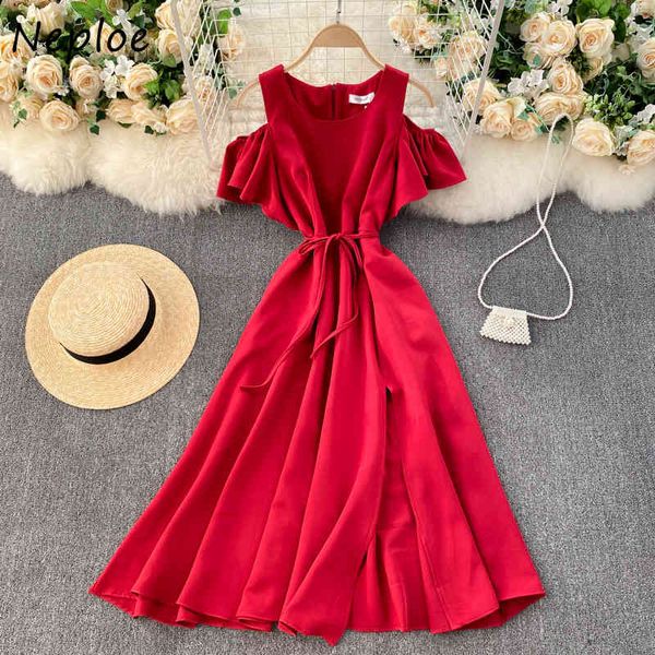 

neploe dress women o neck short sleeve ruffles off shoulder dresses patchwork elegant vestidos high waist hip slim a line robe 210422, Black;gray