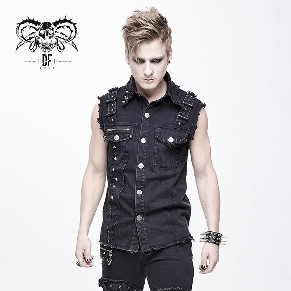 

men's vests devil fashion punk vest streetwear tattered design daily denim waistcoat, Black;white