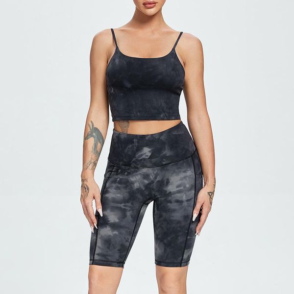 

women's tracksuits asheywr tie dye sets women quick dry slim push up bra printed set fitness high waist pocket shorts suit workout fem, Gray