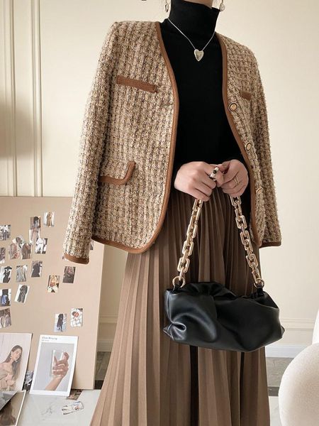 

women's wool & blends women tweed coat elegant vintage ladies weave outerwear all match autumn winter 2021 arrive, Black