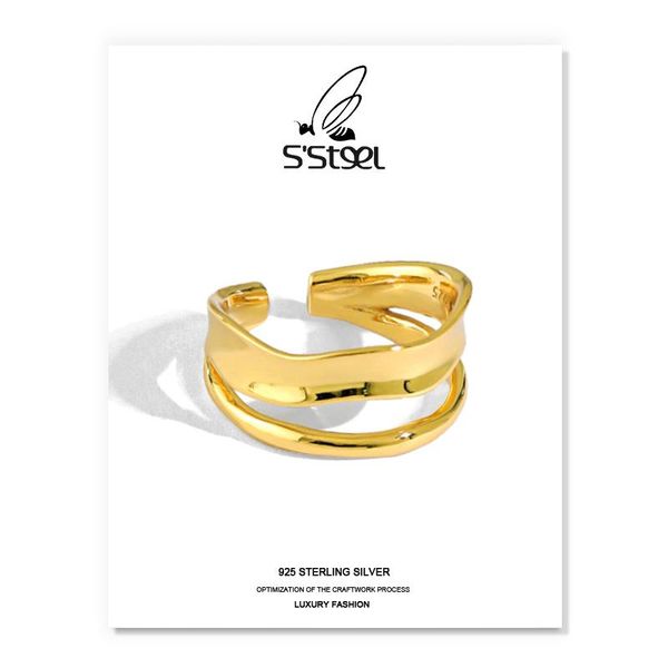 

cluster rings s'steel korean 925 sterling silver for women minimalist irregular double-layer gold opening ring bijoux femme 2021 jewelr, Golden;silver