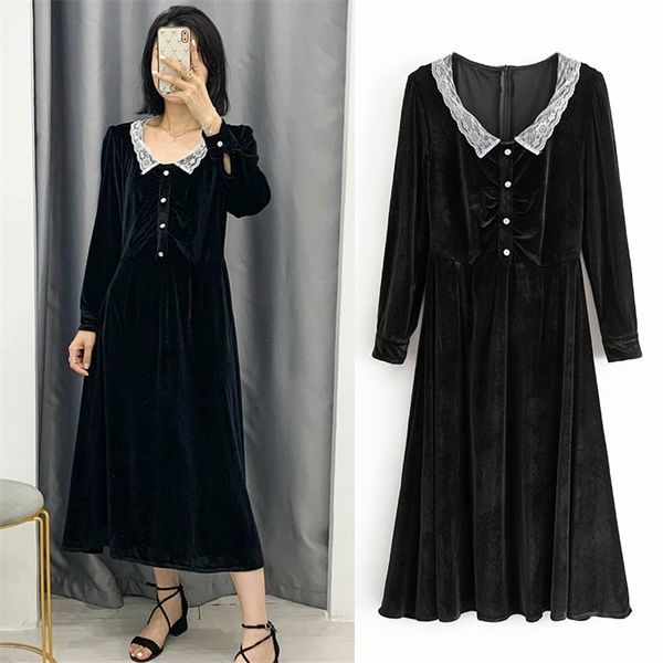 

za velvet dress spring autumn long sleeves slim v-neck women elegant a line party midi es female 210422, Black;gray