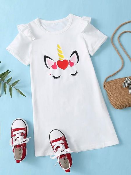 Kleinkind Mädchen T-Shirt-Kleid mit Herz-Einhorn-Print und Rüschenbesatz SHE