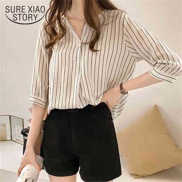 

blusas summer plus size women and blouse female v-neck stripe shirt casual chiffon lady 0753 210421, White