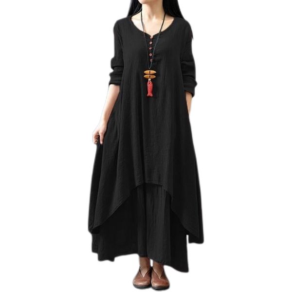 

women v nekc peasant ethnic cotton linen maxi dress casual long sleeve button irregular, Black;gray