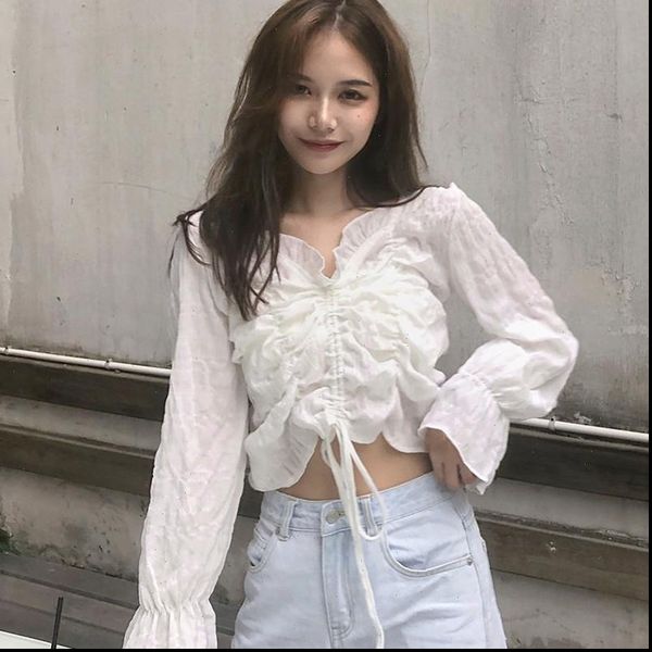 

white v neck elegant womens shirts autumn long sleeve chiffon exposed navel
