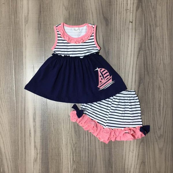 

summer baby girls boutique cotton children kids clothing ruffles shorts sets sleeveless navy coral stripe sailboat, White