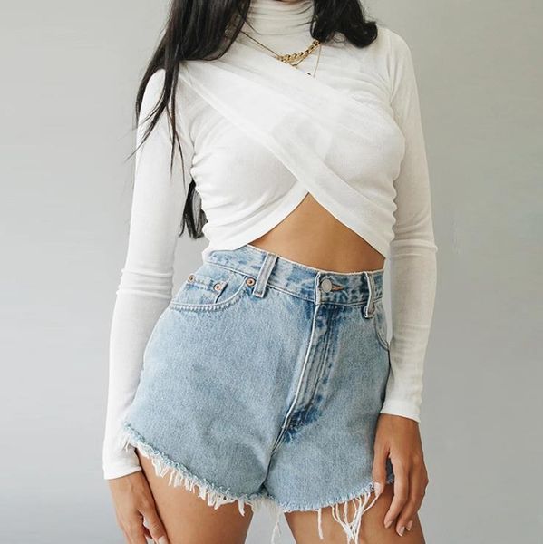 

women's t-shirt 2021 fashion women crop t-shirts long sleeve turtleneck cross warp slim fit casual solid for autumn spring, White