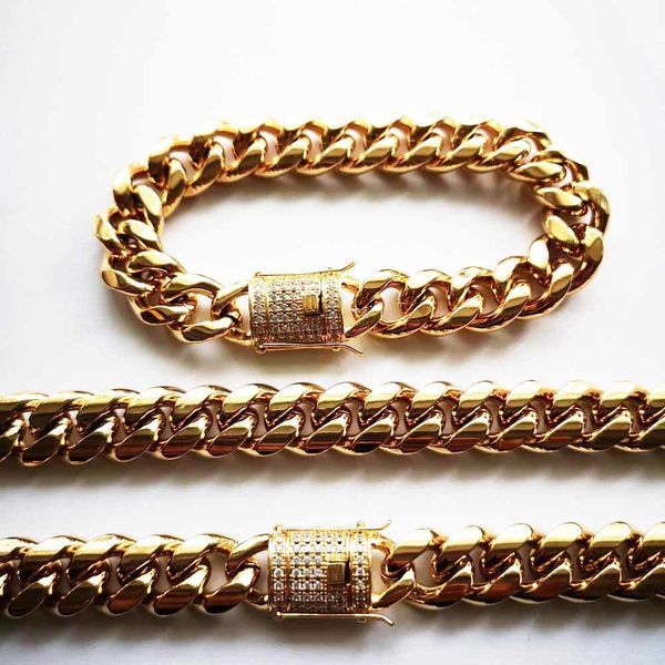 8/10/12/14mm Hip Hop Acciaio inossidabile Uomo Miami Cuban Link Oro CZ Collana a catena Bracciale con strass Chiusura Rocker Set di gioielli