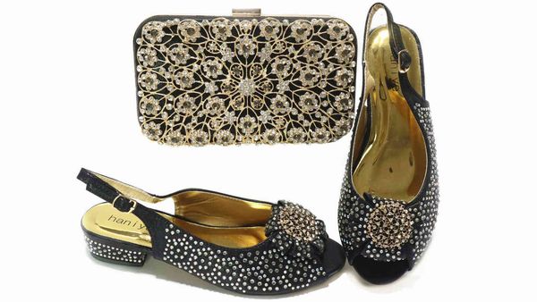 

in stock shining stones cltuch bag with low heels peep toes, Black