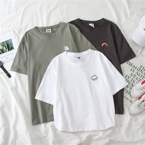 

summer korean loose solid t shirt color weather pattern print upper garment short sleeve women large size, White