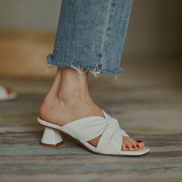 

natural leather peep toe butterfly-knot summer shoes slip on med heels flip flop party mules women sandals l71, Black