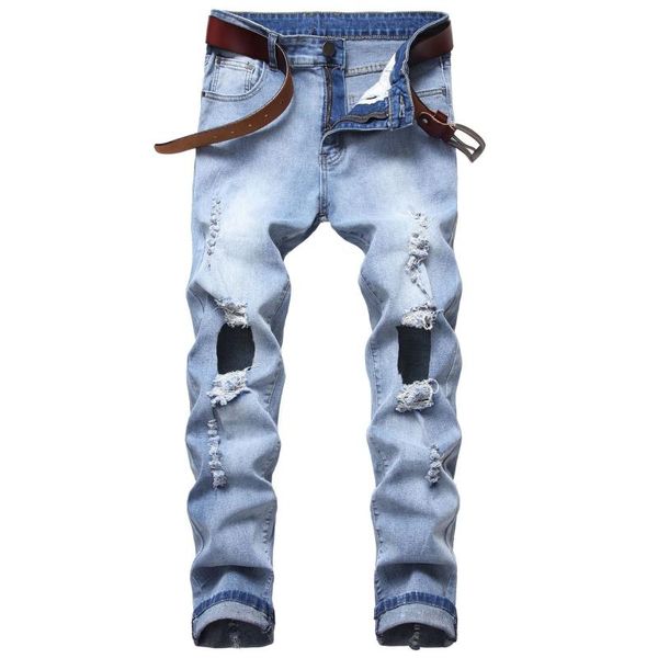 

mcikkny men's ripped destroyed denim pants slim skinny jeans trousers male strettwear blue color
