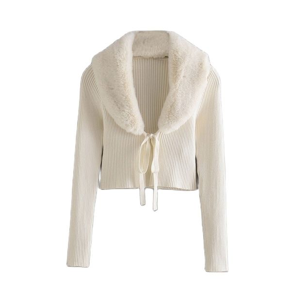 

bbwm women sweet fur collar splicing knitting sweater female lace long sleeve cardigan chic 211215, White;black