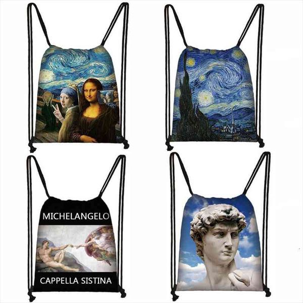 

funny mona lisa starry night backpack van gogh michelangelo da vinci art women shoulder bags fashion storage bag bookbag