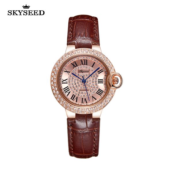 

tiandai watch fashion classic versatile blue balloon diamond roman literal diamond ring belt 36mm women's quartz watch, Slivery;brown