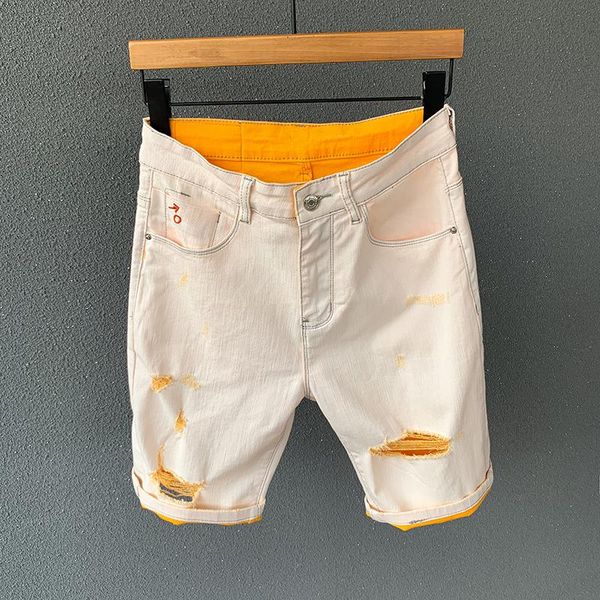 

men's shorts 2021 summer beige denim fashion personality hole cotton slim-fit stretch short jeans male brand,8001, White;black