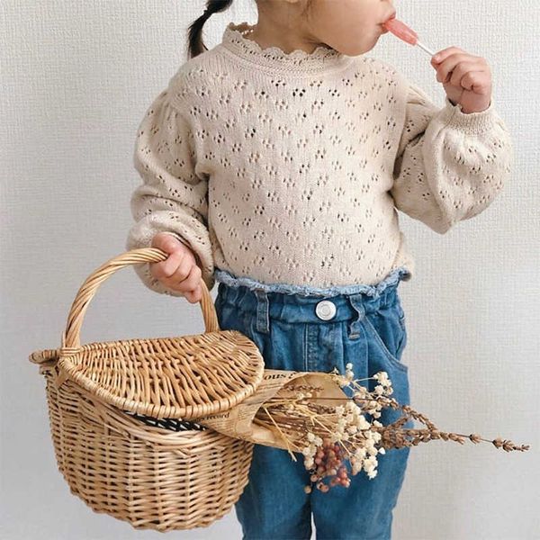 

5348 knitted girl's lace hollowed out t-shirt lantern long sleeve bottoming t shirt princess toddler kids sweater clothes y0914, Blue