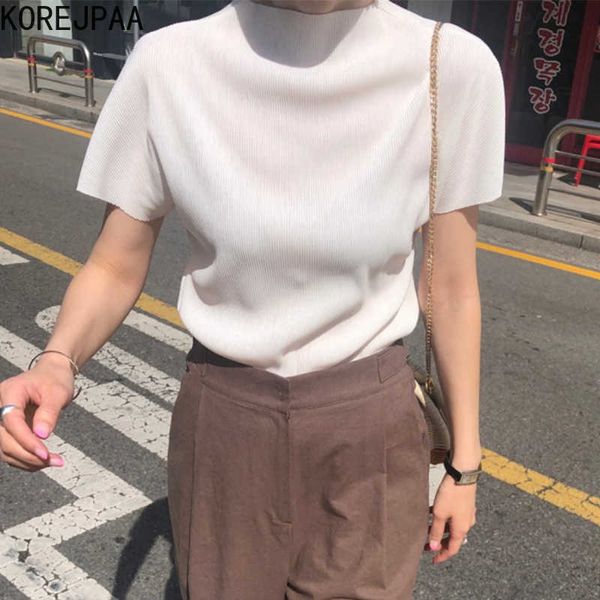 

korejpaa women shirt summer korean chic temperament all-match round neck loose casual solid color short-sleeved blouses 210526, White