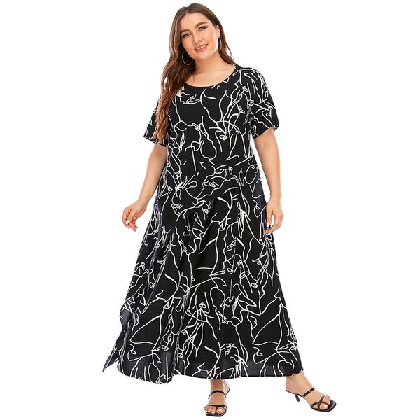 

4xl 5xl plus size dress women summer short sleeve geometric print ruffles casual dress black loose oversized maxi long dresses, Black;gray