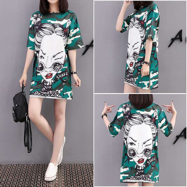 

casual dresses brand thai beauty print fashion large short sleeve medium length t-shirt for women in summer, Black;gray