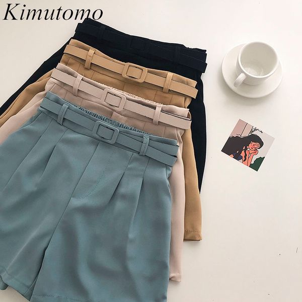 

kimutomo solid shorts women's summer korean fashion female elegant casual high waist thin wide-leg shorts with belt 210521, White;black