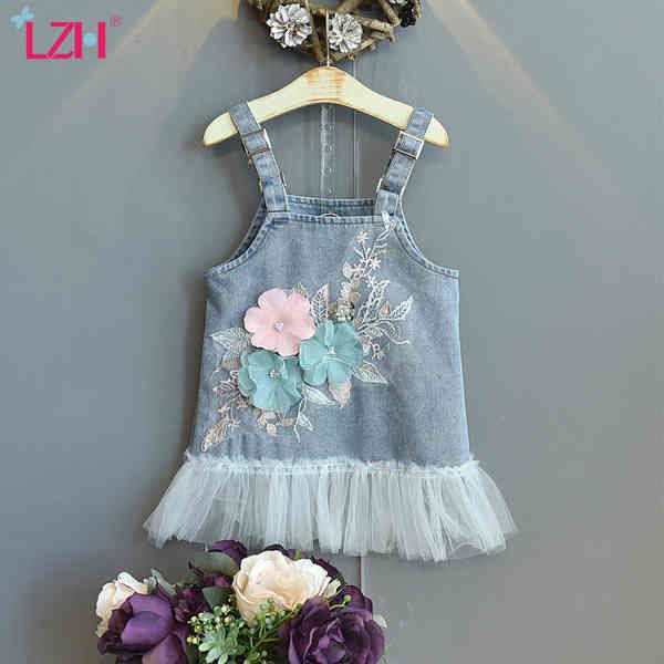 LZH 2021 Moda Denim Vestidos Para Crianças Applique Malha Suspender Saia Bebê Meninas Roupas Verão All-Match Children Roupas 2-6T Q0716