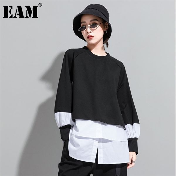 

[eam] women contrast color split joint big size t-shirt new round neck long sleeve fashion tide spring autumn 1dc538 210401, White