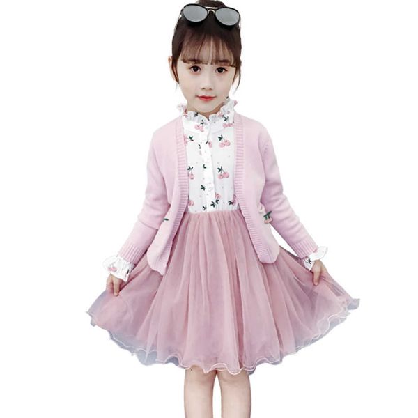 Roupa para meninas vestido de cereja + camisola infantil de malha menina conjunto de primavera outono traje 210528