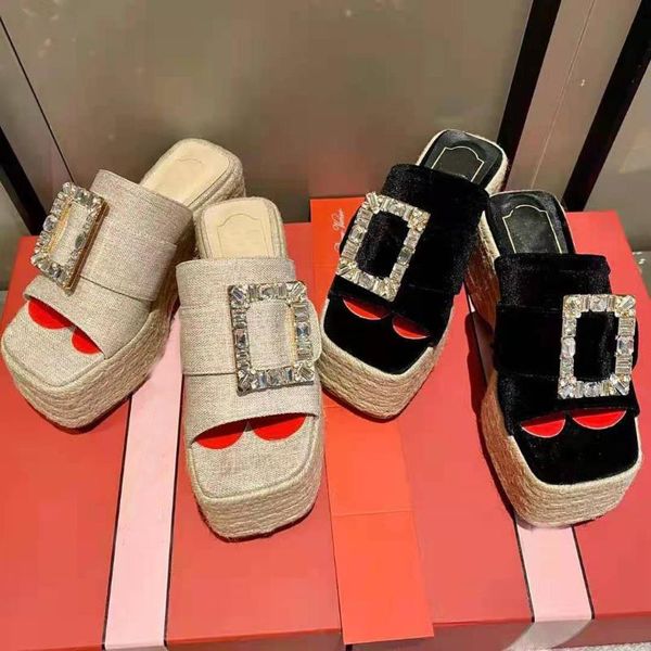 

sandals 2021 spring and summer high-quality designer brand with shiny rhinestone elements. luxury fashionable ladies' straw wove, Black