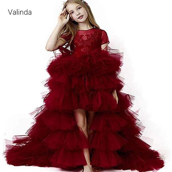 

girl's dresses dark red girl pageant little princess tulle gown for wedding banquet, Red;yellow