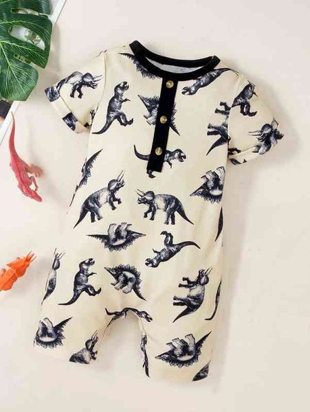 

baby dinosaur print contrast binding romper she, Blue