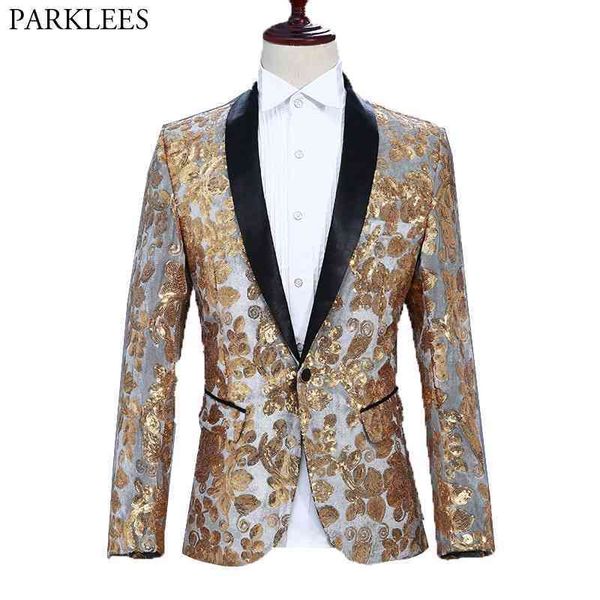 Shiny Gold Floral Pailletten Samt Blazer Männer Marke Schal Revers One Button Anzug Jacke für Party Club Abendessen Hochzeit Prom bühne 2XL 210522