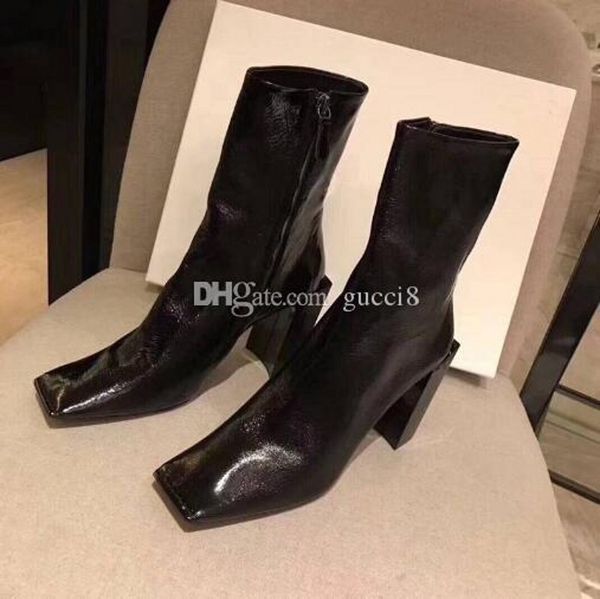 

2021 wrink leather designers boots for women 8cm high heel square toe fashion boots, Black